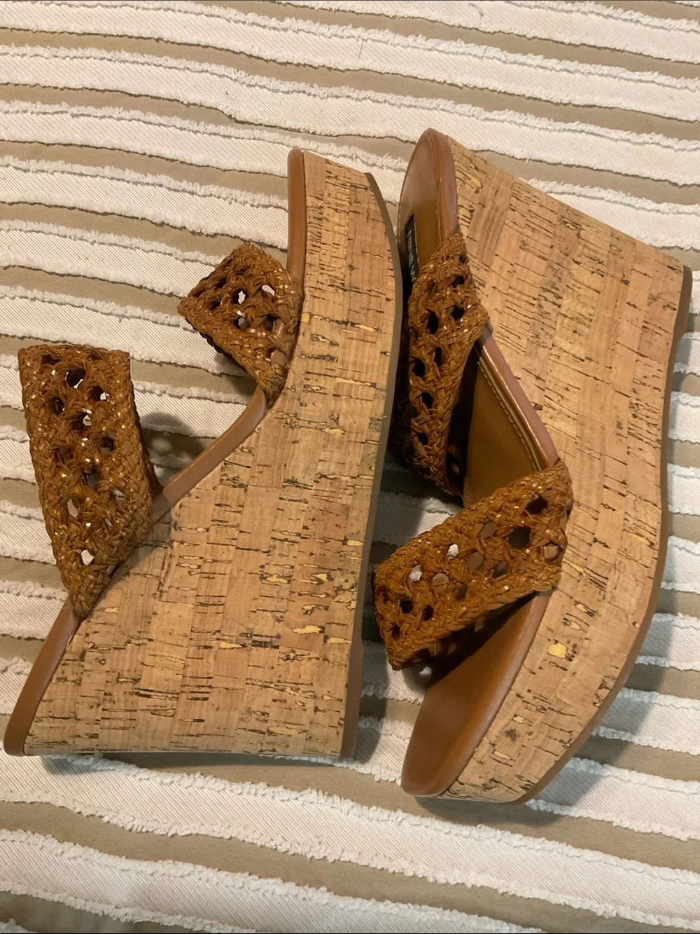 Nine West Brown Woven Cork Platform Wedges